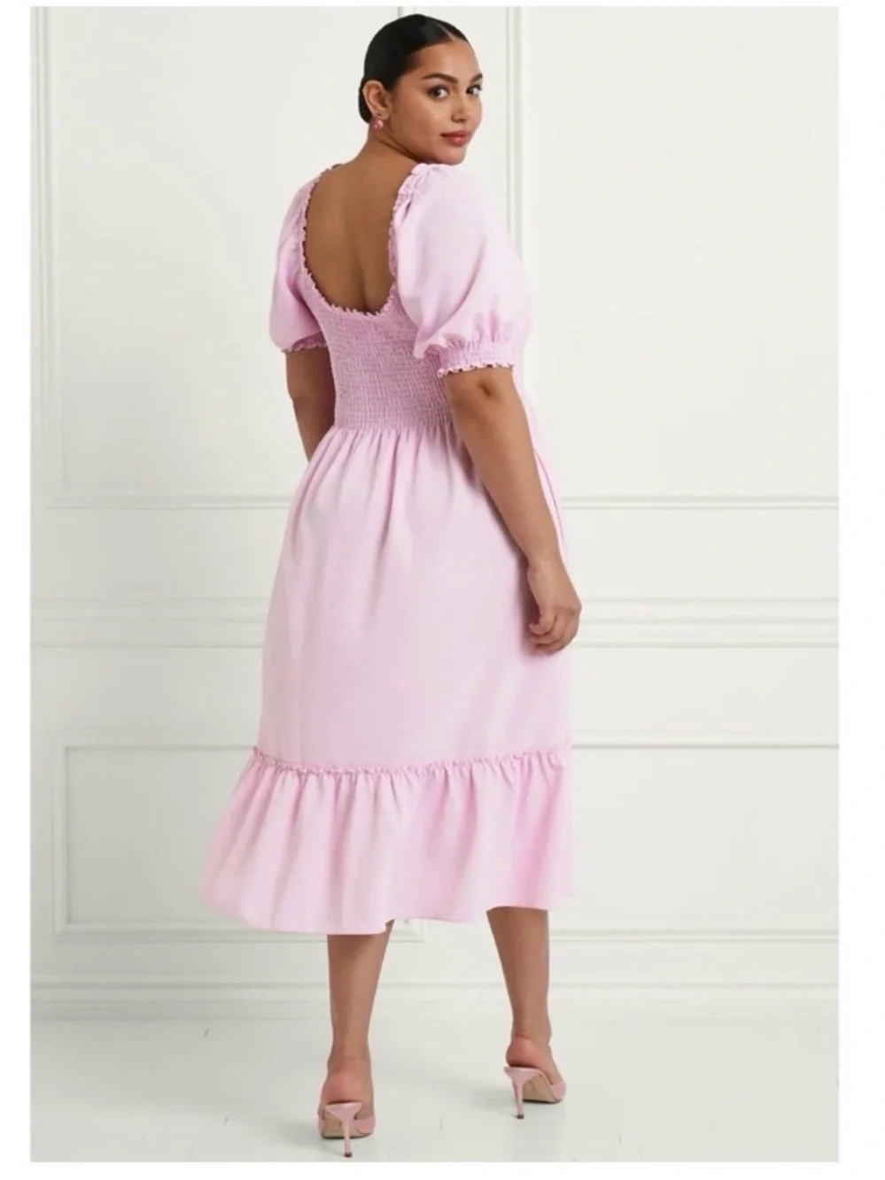 Hill House Home Louisa Nap Midi Dress Pink Smocked Puff Sleeve Size L - Picture 2 of 10